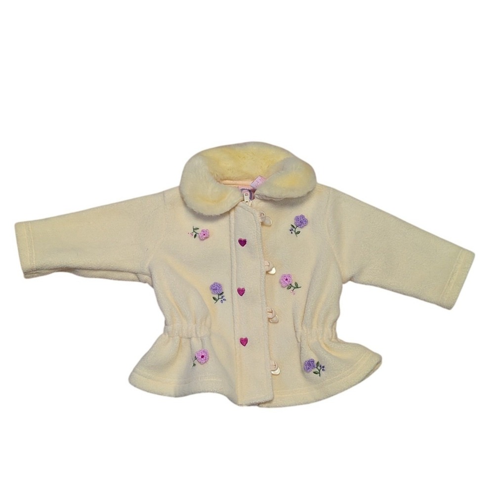 Baby Q Vintage Yellow Fleece Jacket Faux Fur Collar Crochet Floral Hearts 6-9M